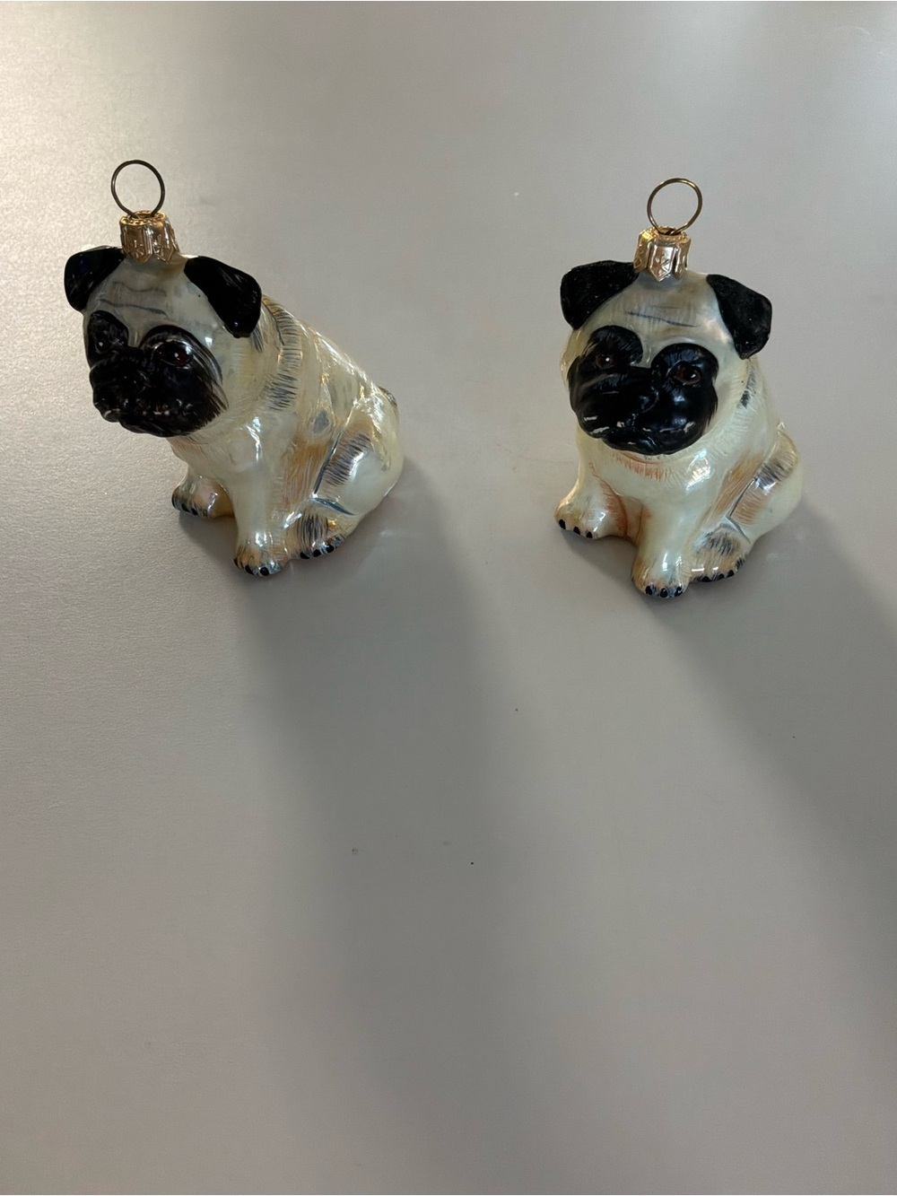 Pair of Pug Dog Glass Ornaments - Black and Cream Joy to the world polished